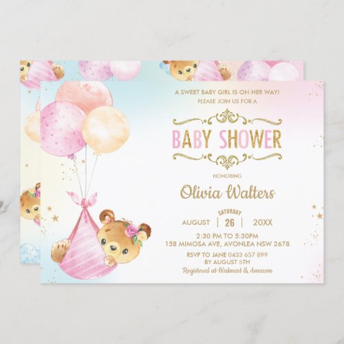 Whimsical Cute Bear Balloons Baby Shower Girl Invitation