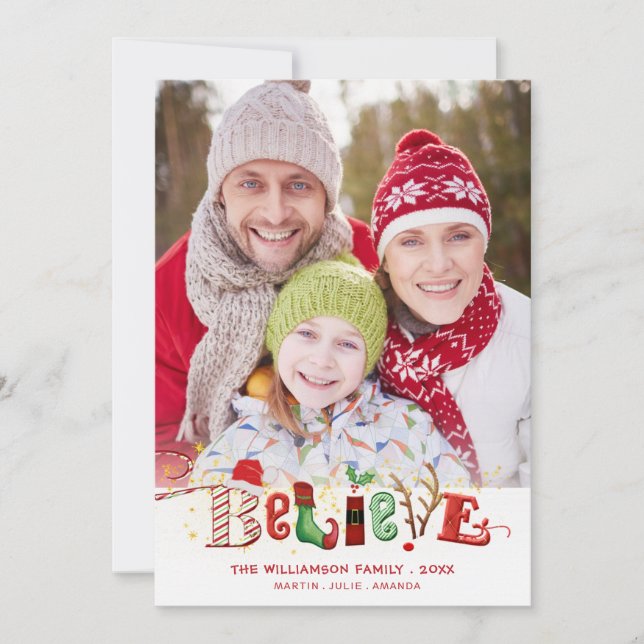 Whimsical Cute BELIEVE Typography Photo Holiday Card (Front)