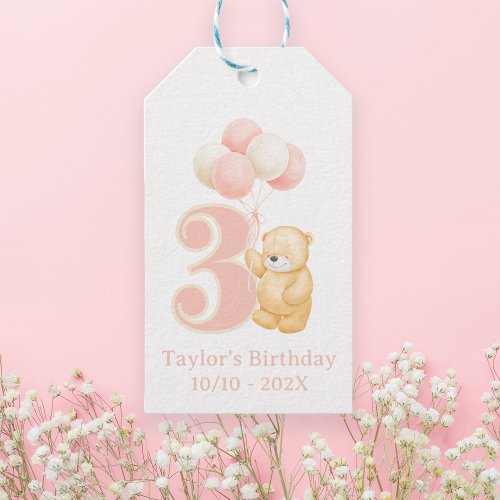 Whimsical Cute Birthday 3 year old Pink Bear name Gift Tags
