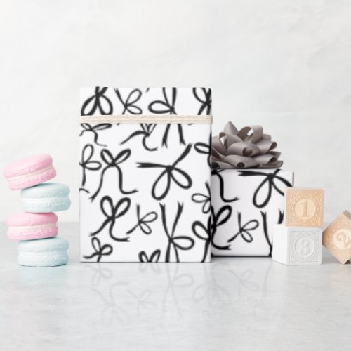 Whimsical Cute Black White Bows Pattern Girly Gift Wrapping Paper