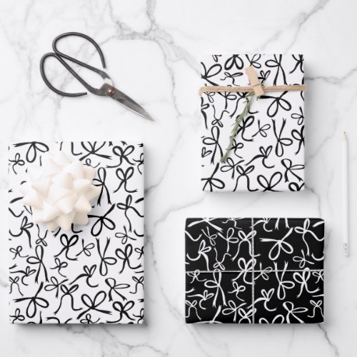 Whimsical Cute Black White Bows Pattern Girly Gift Wrapping Paper Sheets
