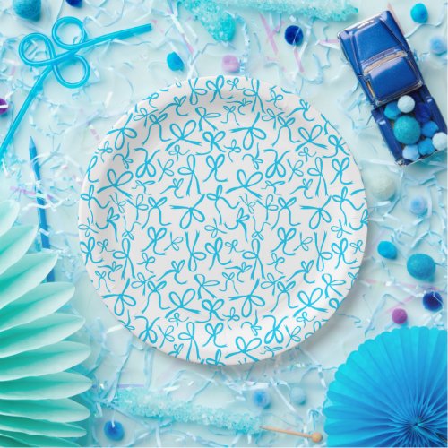 Whimsical Cute Blue Bows Pattern Baby Shower  Paper Plates