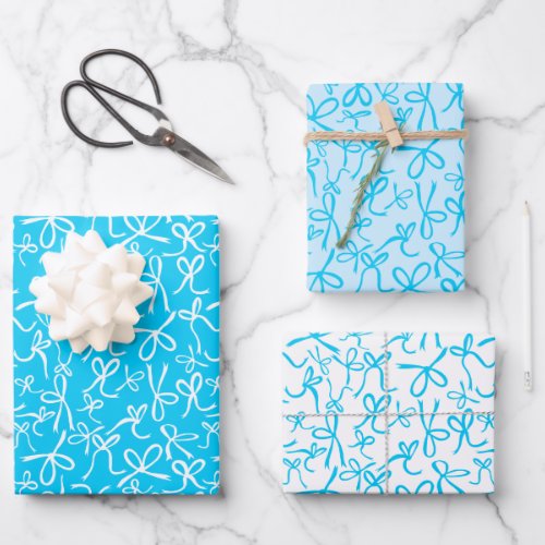Whimsical Cute Blue White Bows Pattern Girly Gift Wrapping Paper Sheets