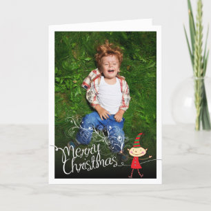 Whimsical Cute Cartoon Elf Merry Christmas Photo Holiday Card