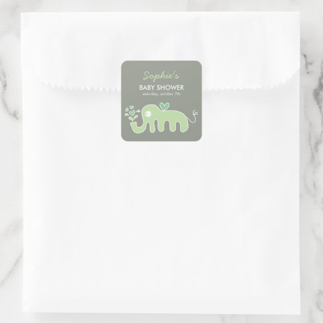 Whimsical Cute Cartoon Green Elephant Baby Shower Square Sticker (Bag)