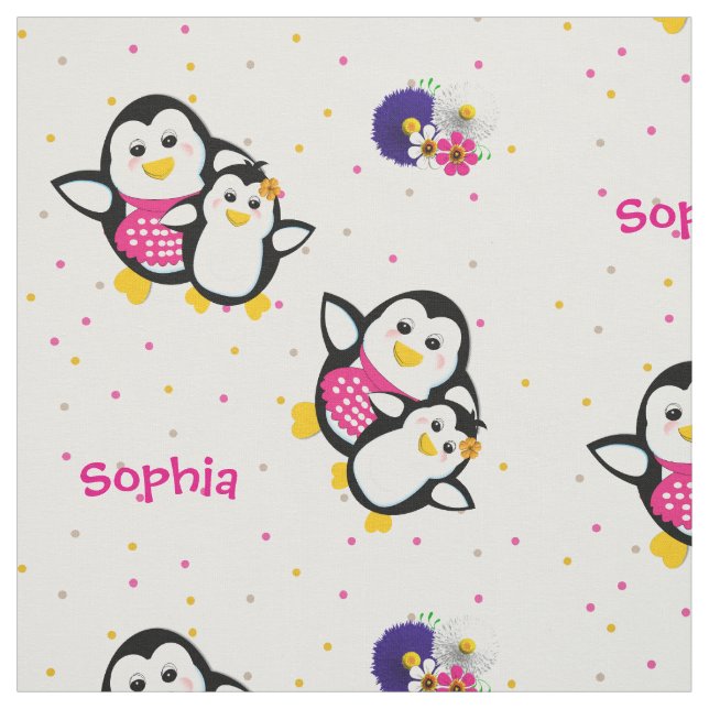 Whimsical Cute Cartoon Penguins Theme Personalized Fabric (Swatch)