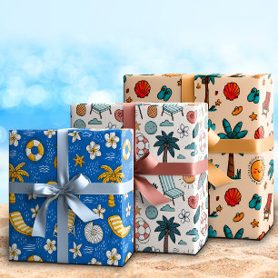 Whimsical Cute Cartoon Summer Beach Vacation Wrapping Paper Sheets