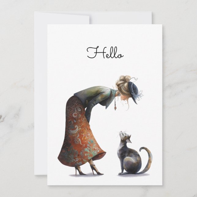 Whimsical Cute Cat and Lady Hello Flat Card (Front)