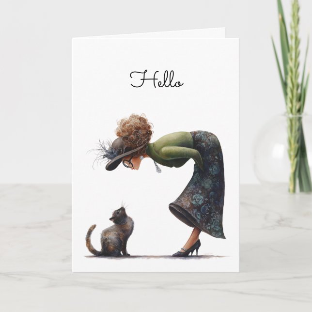 Whimsical Cute Cat and Lady Hello Greeting Card (Front)