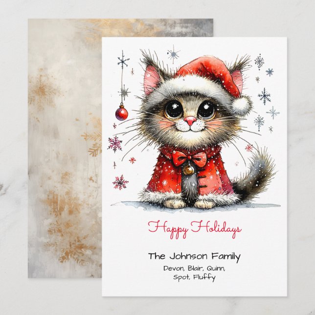 Whimsical Cute Cat in a Santa Hat Happy  Holiday Card (Front/Back)
