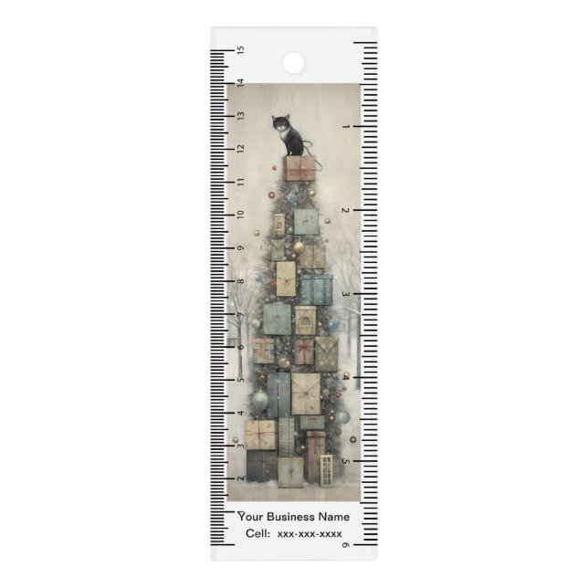 Whimsical Cute Cat on a Pile of Gifts Promotional Ruler (Vertical)