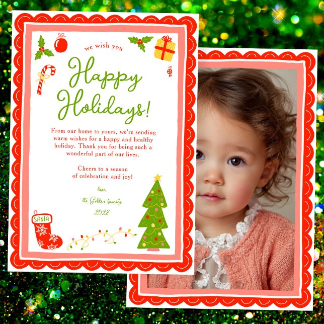 Whimsical Cute Christmas CUSTOM PHOTO Scalloped Holiday Card (Whimsical Cute Christmas Hand-drawn CUSTOM PHOTO Scalloped Edge Holiday Card
)