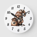 Whimsical Cute Coffee Gnome Brown White Gift Round Clock