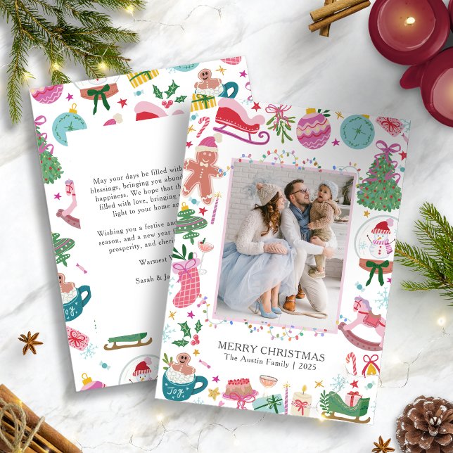 Whimsical Cute Colorful Christmas Holiday Card (Joyful Holiday Invitation with Whimsical Christmas Icons and Festive Photo Design by Painted Paperie)