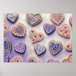 Whimsical cute colorful cookies hearts watercolor poster