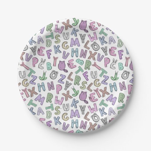 Whimsical cute doodle alphabet letters paper plates