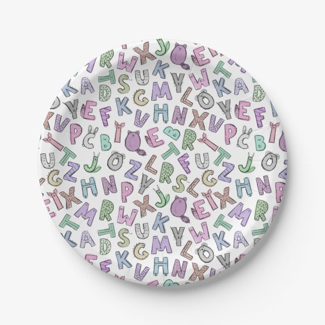 Whimsical cute doodle alphabet letters paper plates (Front)