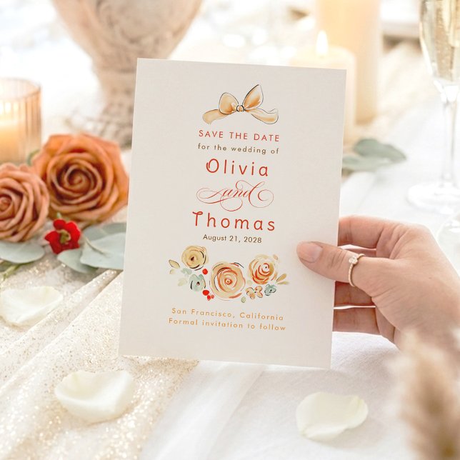 Whimsical Cute Earthy Flowers Bow Save the Date (Save The Date Whimsical Cute Terracotta Floral Bow Cards)