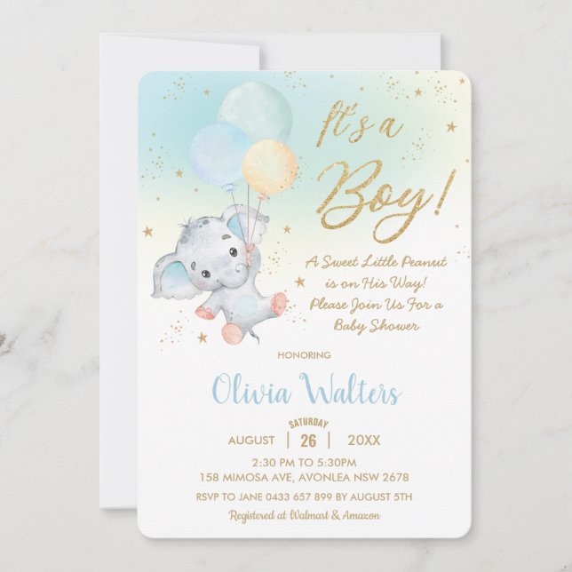 Whimsical Cute Elephant Balloons Baby Shower Boy Invitation (Front)