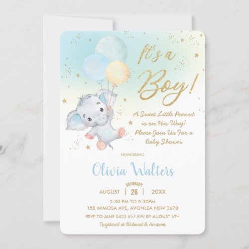 Whimsical Cute Elephant Balloons Baby Shower Boy Invitation