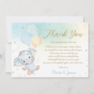 Whimsical Cute Elephant Balloons Baby Shower Boy Thank You Card