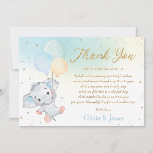 Whimsical Cute Elephant Balloons Baby Shower Boy  Thank You Card