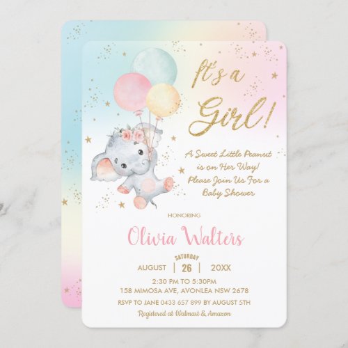 Whimsical Cute Elephant Balloons Baby Shower Girl  Invitation