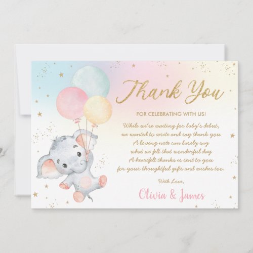 Whimsical Cute Elephant Balloons Baby Shower Girl  Thank You Card