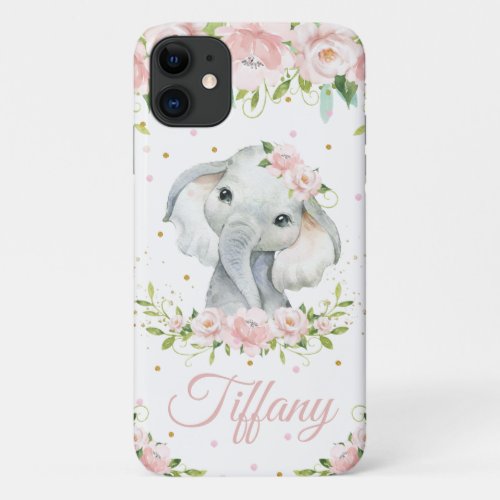 Whimsical Cute Elephant Pink Blush Floral iPhone 11 Case
