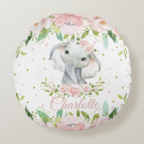 Whimsical Cute Elephant Pink Blush Floral Nursery Round Pillow