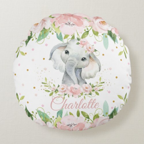 Whimsical Cute Elephant Pink Blush Floral Nursery Round Pillow