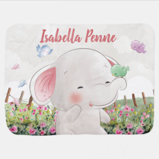 Whimsical Cute Elephant with Birds Blush Floral Baby Blanket