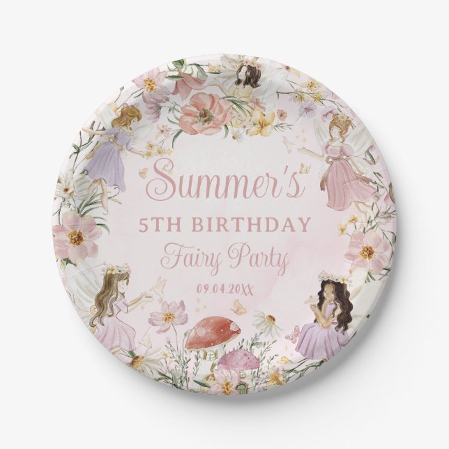 Whimsical Cute Fairies Birthday Wildflower Meadow Paper Plates (Front)
