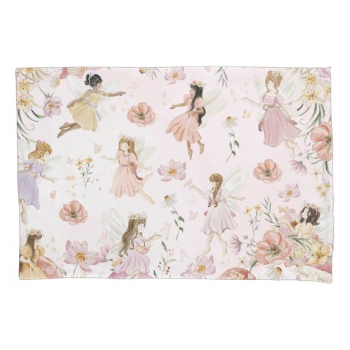 Whimsical Cute Fairies Wildflower Garden Meadow  Pillow Case