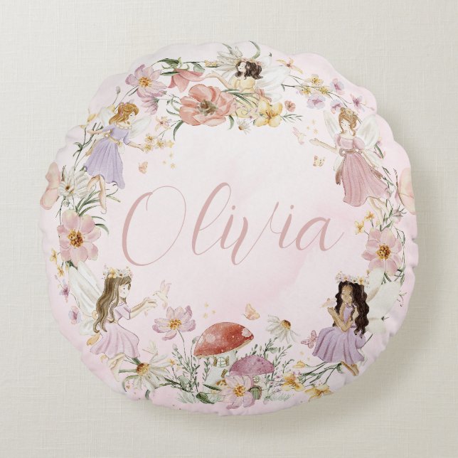 Whimsical Cute Fairy Wildflower Garden Meadow Round Pillow (Front)