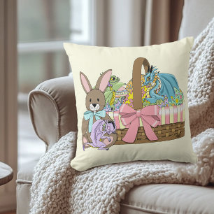 Whimsical Cute Fantasy Dragons Easter Basket  Throw Pillow