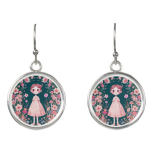 Whimsical Cute Fantasy Floral Girl Drop Earrings. Earrings