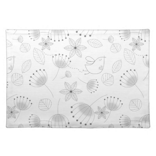 Whimsical Cute Floral and Bird Pattern on White Cloth Placemat