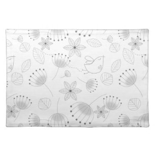 Whimsical Cute Floral and Bird Pattern on White Cloth Placemat