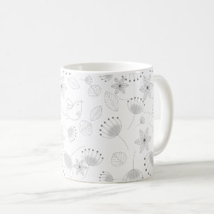 Whimsical Cute Floral and Bird Pattern on White Coffee Mug
