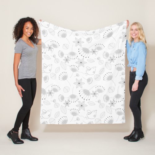 Whimsical Cute Floral and Bird Pattern on White Fleece Blanket
