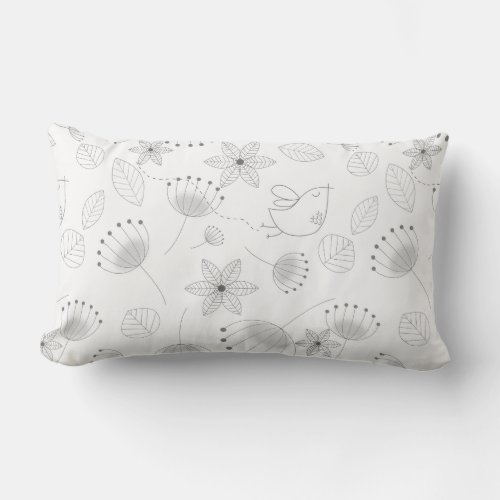 Whimsical Cute Floral and Bird Pattern on White Lumbar Pillow