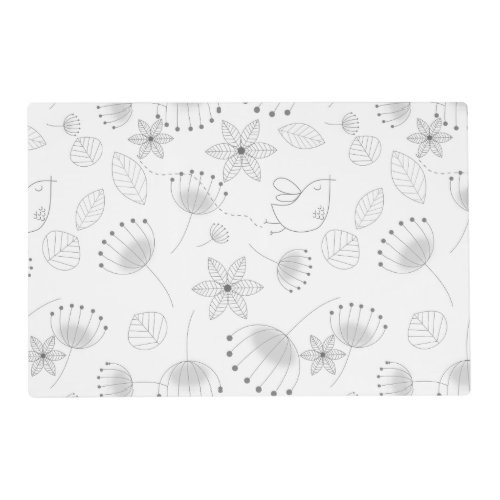 Whimsical Cute Floral and Bird Pattern on White Placemat