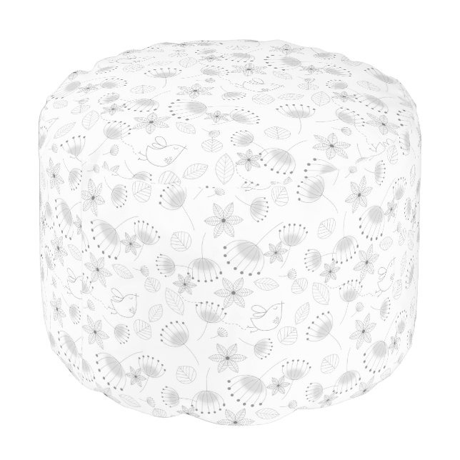Whimsical Cute Floral and Bird Pattern on White Pouf (Angled Back)