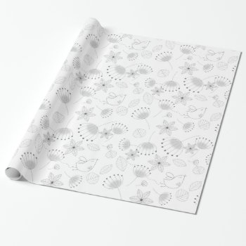 Whimsical Cute Floral And Bird Pattern On White Wrapping Paper by LouiseBDesigns at Zazzle