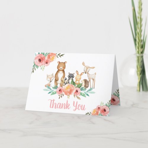 Whimsical Cute Floral Woodland Animals Baby Shower Thank You Card