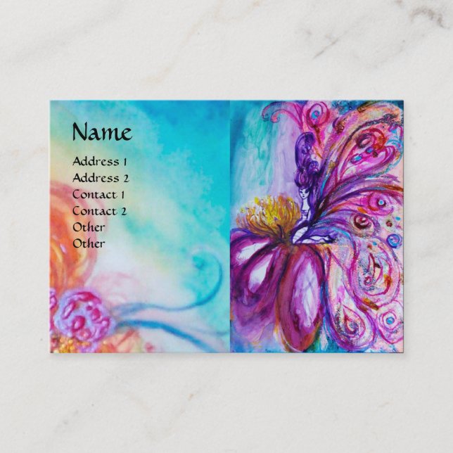 WHIMSICAL CUTE FLOWER FAIRY IN PINK,GOLD SPARKLES BUSINESS CARD (Front)