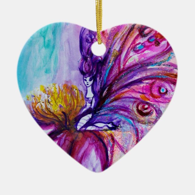 WHIMSICAL CUTE FLOWER FAIRY IN PINK,GOLD SPARKLES CERAMIC ORNAMENT (Front)