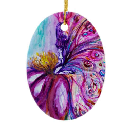 WHIMSICAL CUTE FLOWER FAIRY IN PINK,GOLD SPARKLES CERAMIC ORNAMENT