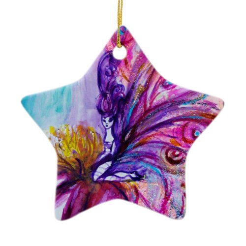 WHIMSICAL CUTE FLOWER FAIRY IN PINK,GOLD SPARKLES CERAMIC ORNAMENT